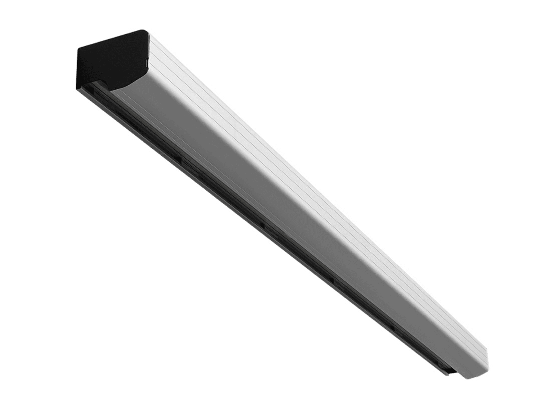 Angled view of an enclosed K140 automatic sliding door operator housing with a sleek aluminium finish and black end cap, designed for commercial and industrial entrances.