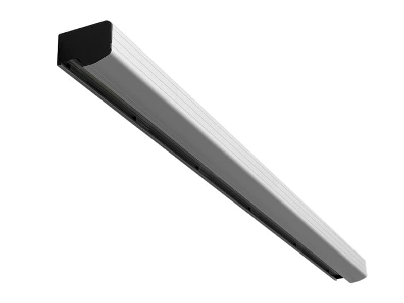 Isolated image of a sleek automatic sliding door operator casing with silver aluminium body and black plastic end cap, suitable for commercial entrance automation.