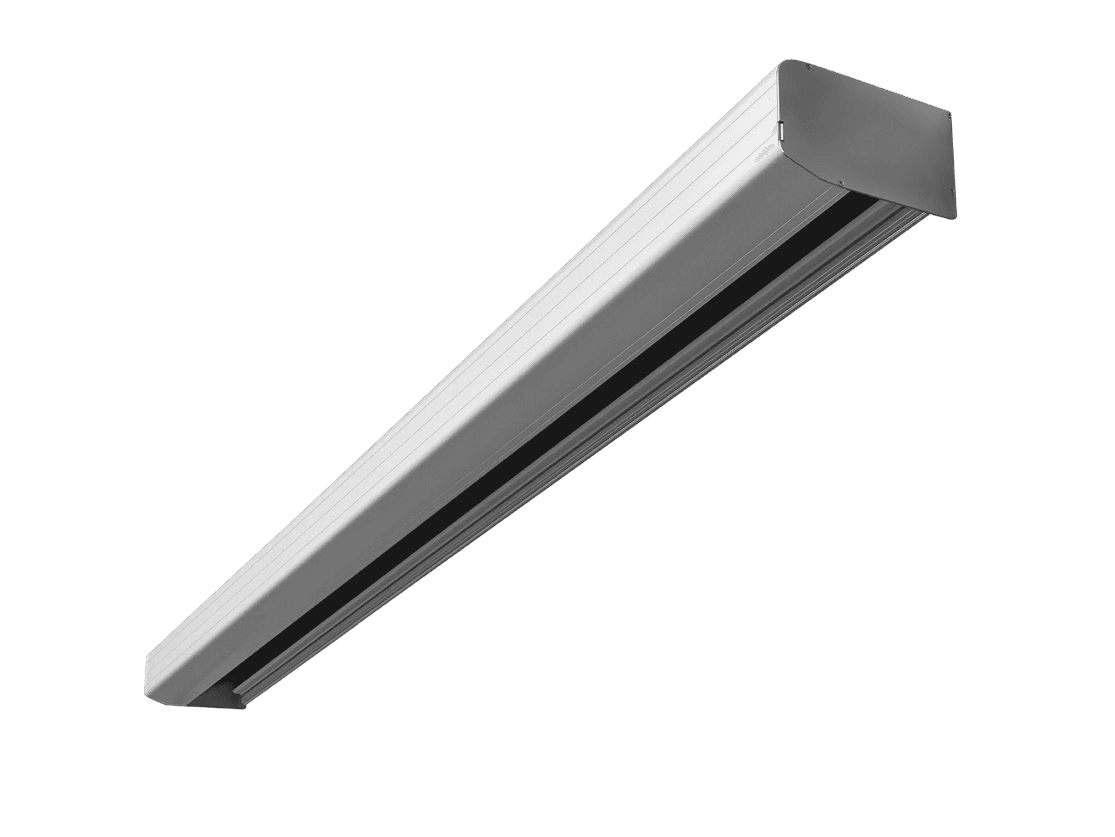 Angled view of a commercial K200Tautomatic sliding door operator in a sleek aluminium casing with a solid end cover, designed for overhead installation.