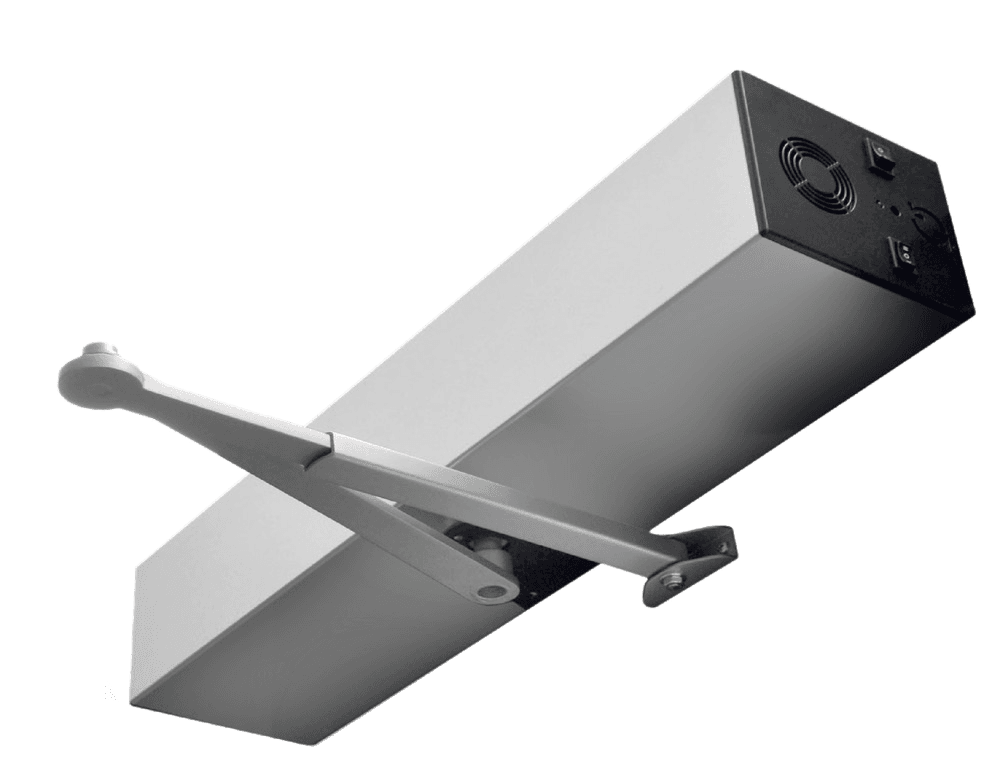 Isolated view of an automatic swing door operator in a rectangular aluminium housing with a mechanical arm, designed for overhead installation in commercial or residential settings.