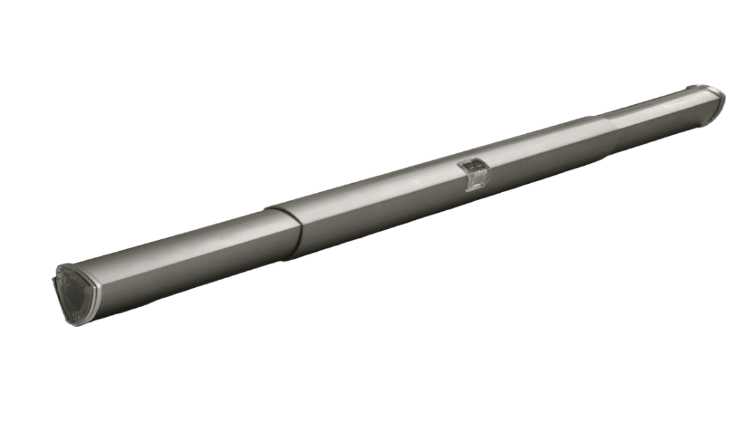 Angled view of a sleek, telescopic swing gate actuator in a metallic finish, designed for residential or commercial automatic gate systems.