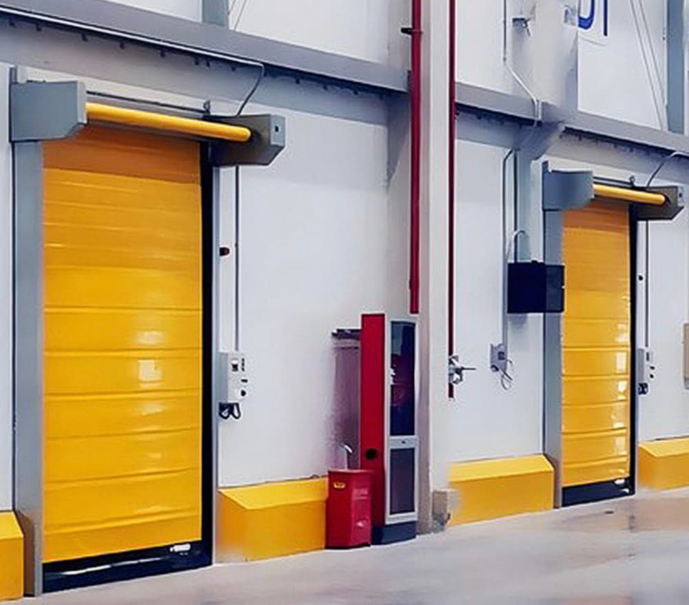 Photo of two yellow high-speed roller doors installed side by side in a white industrial facility, with yellow safety barriers at the base and a red control panel mounted between them.